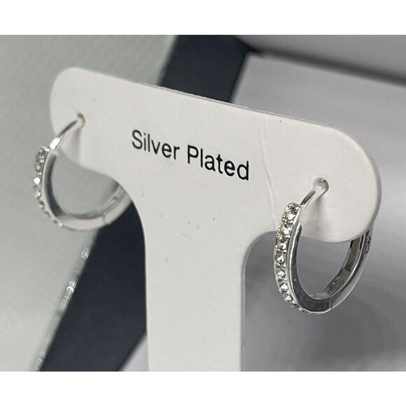 Silver Plated Hoop Earrings Stunning Crystal Shiny Chic Elegant Style Trendy NWT - Picture 3 of 8